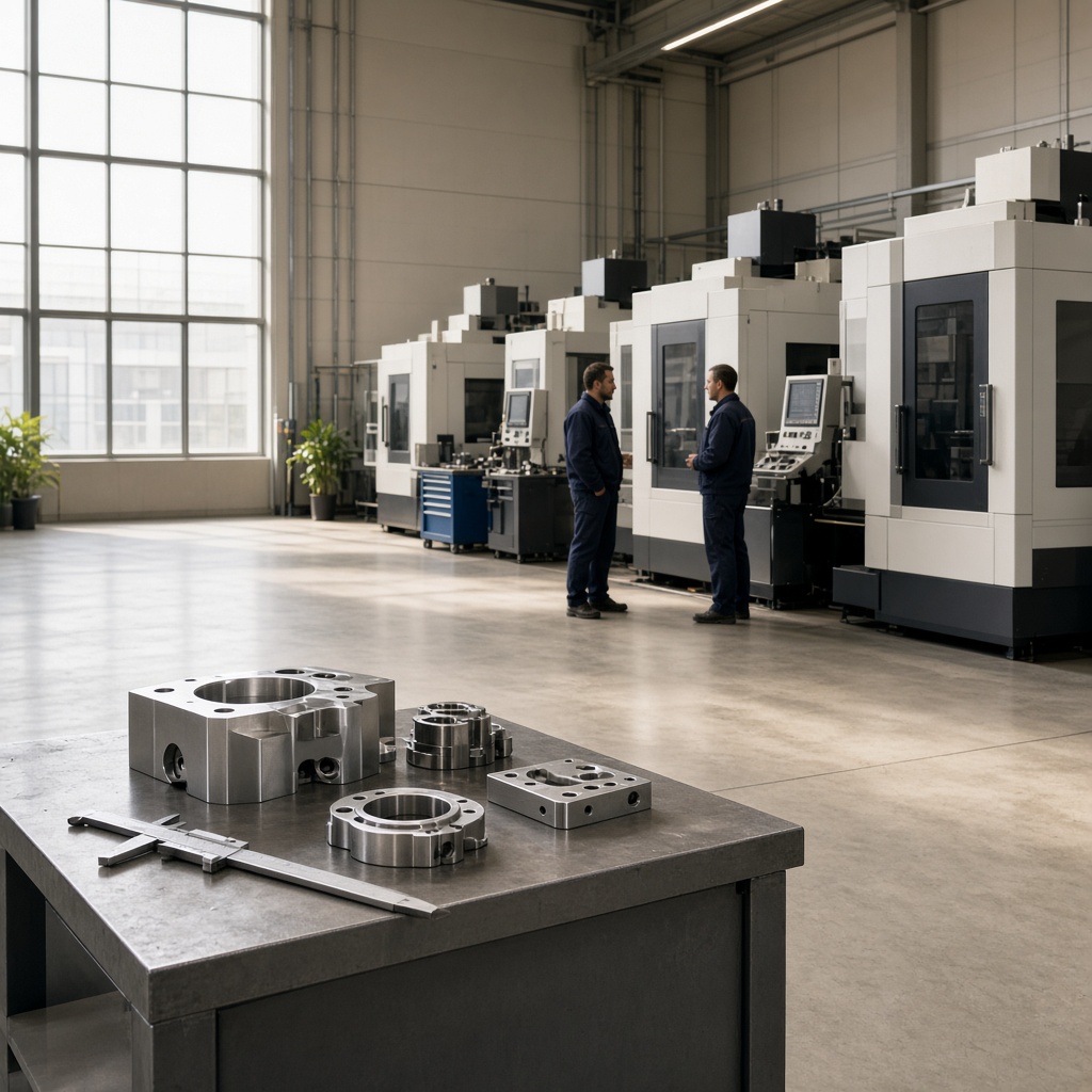 Fertigungshalle mit CNC-Maschinen und Metallteilen